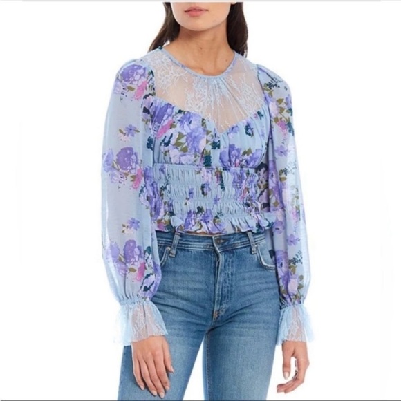 Nwot Free People Daphne Floral Print Lace Sheer Yoke Smocked Hem Blouse Size M - Picture 5 of 14